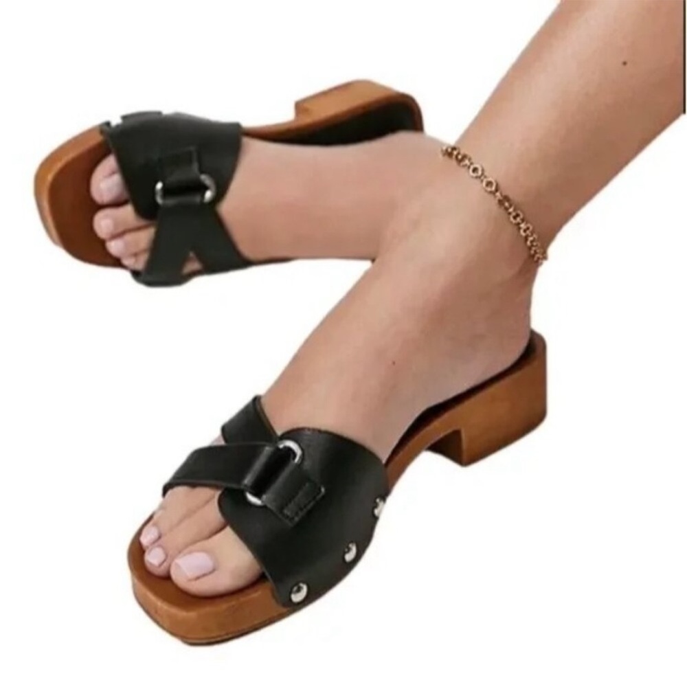 Intentionally Blank Cleo Wooden Clog Sandal Black Size 37 US 7 NWOB